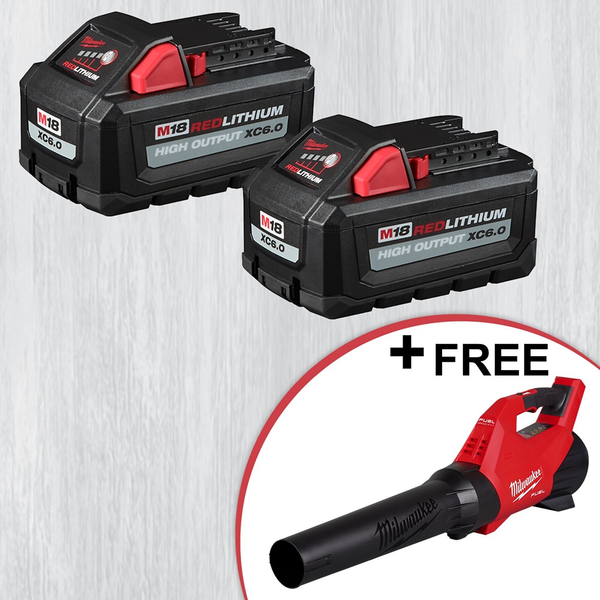 Milwaukee 2-Pack M18 REDLITHIUM HIGH OUTPUT XC6.0 Battery Pack + M18 FUEL Blower, Model# 48-11-1862SE25P24